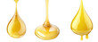 Set of drops of oil or honey, viscous fluid or syrup, isolated on a transparent background. PNG cutout or clipping path.