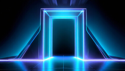 Poster - d render, abstract minimalist blue geometric background. Bright neon light. Doorway portal glowing in the dark