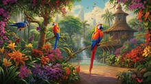  A Painting Of Two Parrots Sitting On A Tree Branch.  Generative Ai