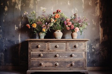 Chest of drawers in rustic setting with wildflowers in vase on top