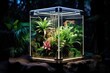Cube-shaped terrarium containing exotic plants and LED lights