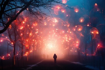 Fireworks seen through a dense fog, creating a halo effect