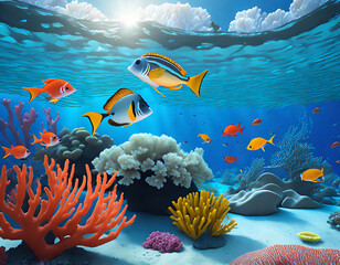 Wall Mural - beautiful underwater scenery with various types of fish and coral reefs