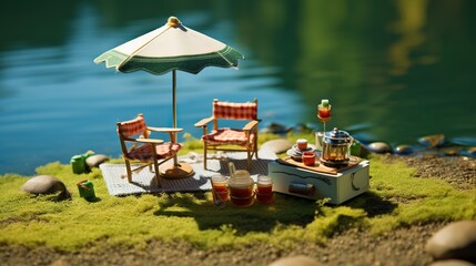 Wall Mural -  a miniature table with chairs and an umbrella next to a body of water.  generative ai