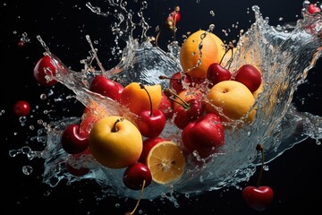  Slow-motion capture of fruit dropping into a pool of water, capturing the splash