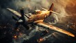 A WWII battle scene, somewhere in the Sea of Japan, WWII fighter jets battle enemy fighter jets. Created with Generative Ai technology.