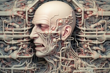 A man's head is surrounded by pipes and wires, AI