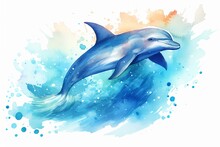 A Dolphin Splashes In Water. Watercolor Artwork. A Playful Dolphin Frolics In Water. Splashes Scatter Widely. Trendy Illustration. Generative AI