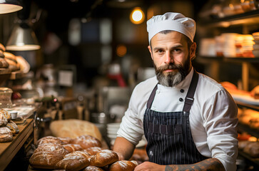 Wall Mural - Uniformed baker with apron and cap in his own bakery. Bakery background with freshly baked breads. Generative ai