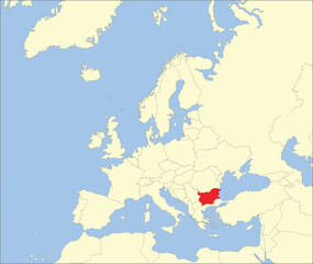  Red CMYK national map of BULGARIA inside detailed beige blank political map of European continent on blue background using Mollweide projection