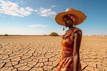 An African woman in traditional clothing stands against the backdrop of a withered, cracked field. Environmental problem of climate change, global warming, drought, water shortage