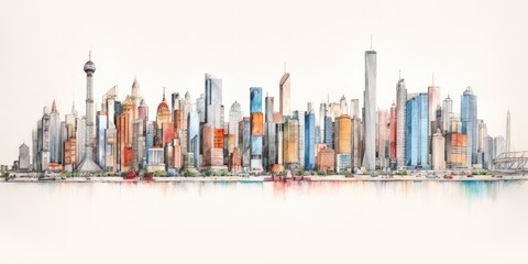 Wall Mural - city skyline color pencil drawing on white background. beautiful generative ai aig32