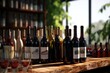 © Fotograf - A row of wine bottles sitting on top of a wooden table. This image can be used to showcase a wine collection or for a wine-related blog or website.