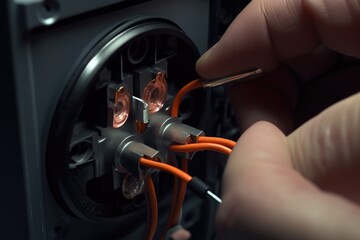 Canvas Print - A person is shown holding a pair of orange wires. This image can be used to represent electrical work, DIY projects, or industrial settings.