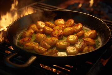 Wall Mural - A frying pan filled with potatoes cooking on top of a stove. This image can be used to showcase cooking, meal preparation, or healthy eating.