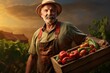 joyful mature farmer holds wooden crate with fresh vegetable produce, outdoor garden background