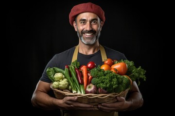 Wall Mural - joyful mature farmer holds wooden crate with fresh vegetable produce, isolated on dark black background