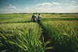 © gankevstock - Two farmers agriculturists inspecting a Wheat Crop in field. walking and talking through green field with clear blue sky background