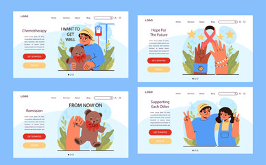 Wall Mural - Child cancer web banner or landing page set. Little kid getting