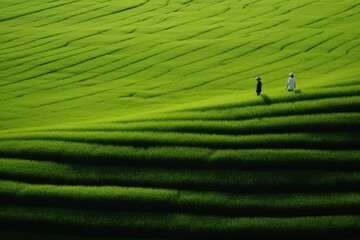 two farmers inspecting a wheat crop in a lush field