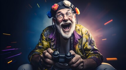 Old man surprised and shocked by modern technology of video game.