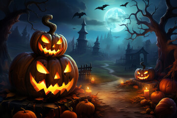 Halloween spooky background, scary jack o lantern pumpkins in creepy dark forest with bats, spooky trees, moon and old house Happy Halloween ghosts horror gothic mysterious night moonlight background.