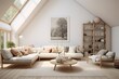 modern minimal scandinavian living room interior with mansard roof window