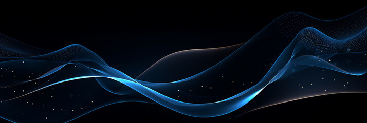 Wall Mural - Futuristic black_and_blue_gradient_background wave of particles. Sound structural connections. Abstract background with a wave of luminous particles in blue and gold