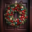 Decorative Christmas wreath on the  house entrance door