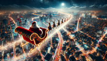 Santa Claus Is Delivering Kids Presents On Reindeers, Sleigh Fly Over The Night Illuminated City. Christmas Preparation Process. Ai Generative