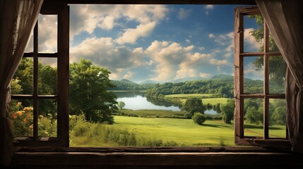 Wall Mural -  a window with a view of a green field and a lake.  generative ai