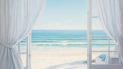 Poster -  a painting of a beach view from a window with curtains.  generative ai