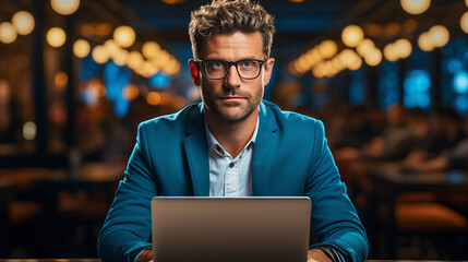 Wall Mural - work-life balance middle aged man with beard and glasses smile and working on a laptop 