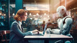 businesswoman and humanoid robot sitting in a cafe working collaborating