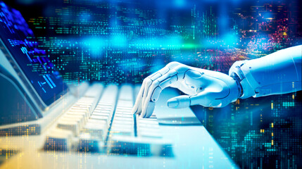 view of humanoid robot hand typing on computer keyboard with programming codes background