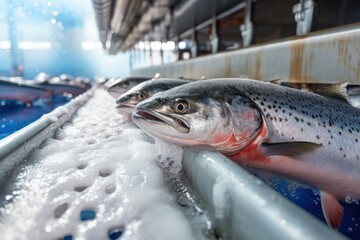 A fresh trout resting on a bed of ice in a fish processing factory