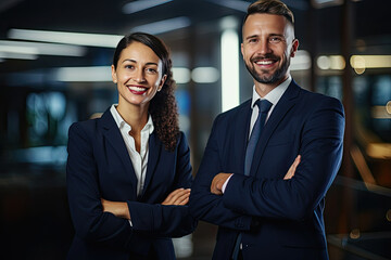 A confident businesswoman and businessman, dressed in elegant attire, standing together in a modern office, representing a successful corporate team.