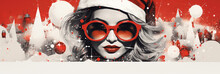 Christmas Art Collage With Woman Wearing Santa Hat And Red Glasses, And Geometric Ornaments And Fir Trees. Halftone Retro Style Poster, Cut Out Shapes, Modern Vintage Banner With Copy Space For Text