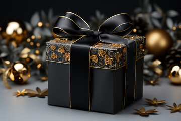 Poster - Luxury black gift box with exquisite gold embossed design, a lavish gold ribbon, and an indication of its expensive nature 