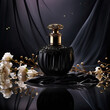 Abstract black perfume bottle on podium with floral black background, mock up