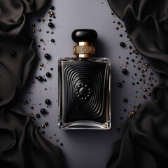 Wall Mural - Abstract black perfume bottle with black cloth background