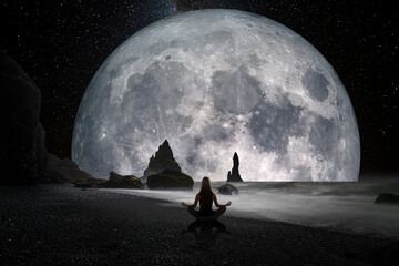Wall Mural - woman with yoga pose in front of the moon