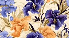  A Blue And Orange Flower Pattern On A White Background With Brown And Blue Flowers.  Generative Ai