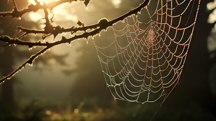 Wall Mural - a spider web hanging from a tree branch in the sun. generative ai