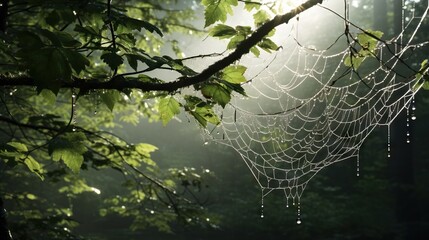 Wall Mural - a spider web hanging from a tree branch in a forest. generative ai
