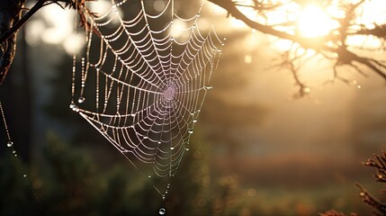 a spider web hanging from a tree branch in the sun. generative ai