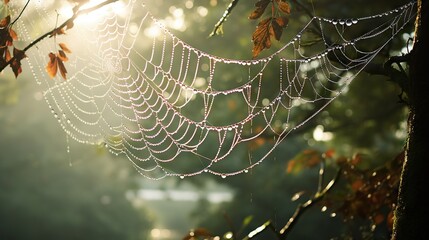 Wall Mural - a close up of a spider web on a tree branch. generative ai