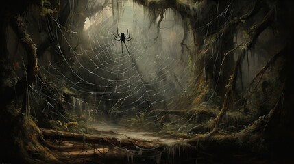  a spider web in the middle of a forest with trees.  generative ai