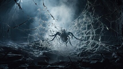 a giant spider crawling through a dark cave in the woods.  generative ai