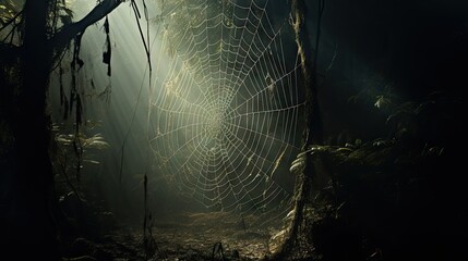 Wall Mural - a spider web in the middle of a forest with sunlight streaming through it. generative ai